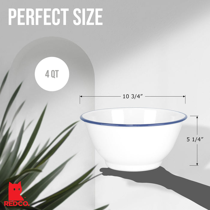 Red Co. Set of 2 Enamelware Metal Large Classic 4 quart Round Salad Serving Bowl, Solid White/Color Rim