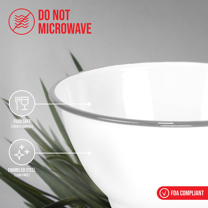 Red Co. Set of 2 Enamelware Metal Large Classic 4 quart Round Salad Serving Bowl, Solid White/Color Rim