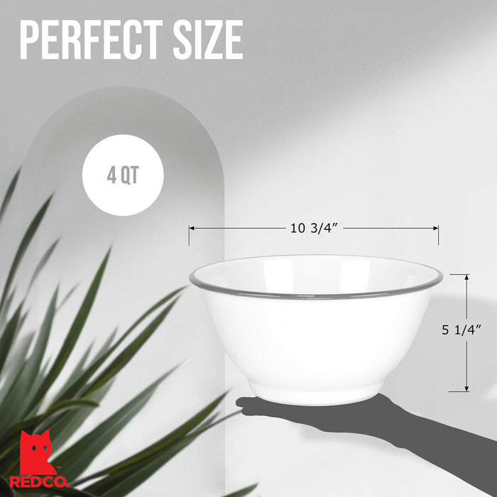 Red Co. Set of 2 Enamelware Metal Large Classic 4 quart Round Salad Serving Bowl, Solid White/Color Rim