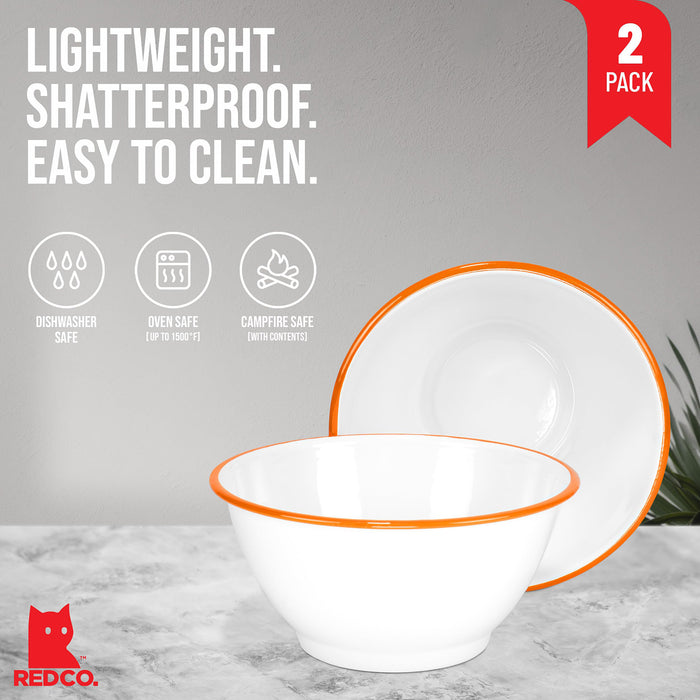 Red Co. Set of 2 Enamelware Metal Large Classic 4 quart Round Salad Serving Bowl, Solid White/Color Rim