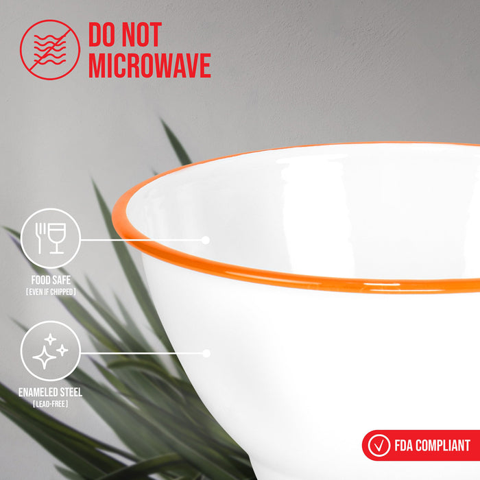 Red Co. Set of 2 Enamelware Metal Large Classic 4 quart Round Salad Serving Bowl, Solid White/Color Rim