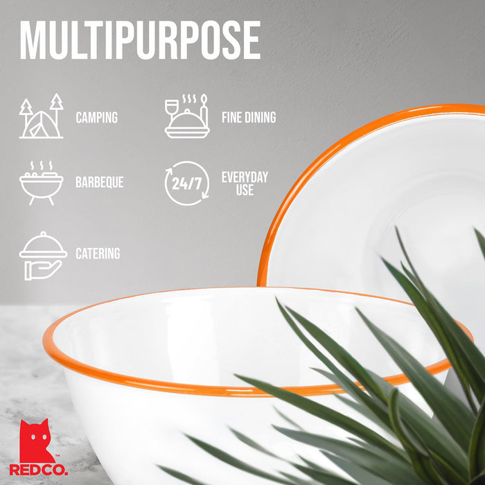 Red Co. Set of 2 Enamelware Metal Large Classic 4 quart Round Salad Serving Bowl, Solid White/Color Rim