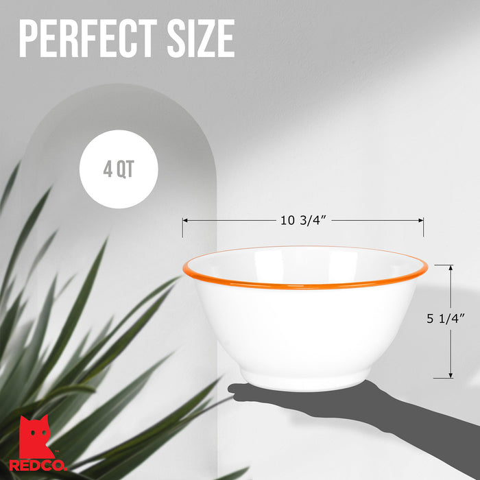 Red Co. Set of 2 Enamelware Metal Large Classic 4 quart Round Salad Serving Bowl, Solid White/Color Rim