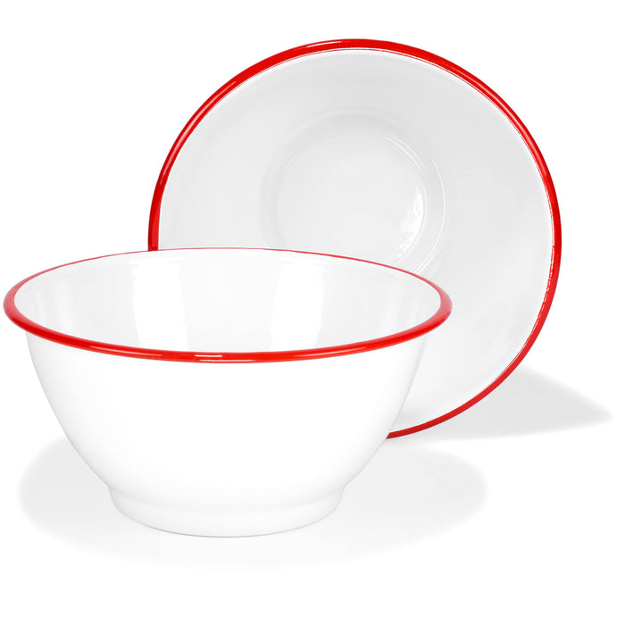 Red Co. Set of 2 Enamelware Metal Large Classic 4 quart Round Salad Serving Bowl, Solid White/Color Rim