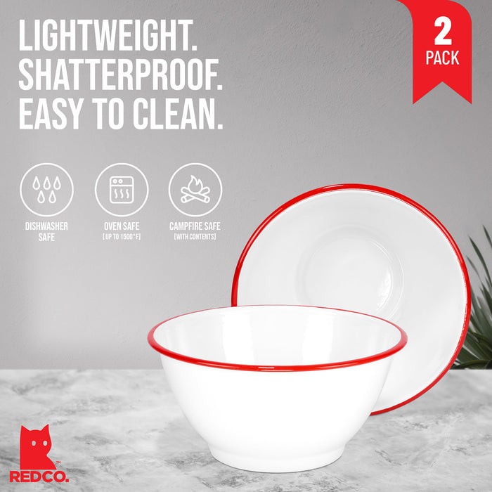 Red Co. Set of 2 Enamelware Metal Large Classic 4 quart Round Salad Serving Bowl, Solid White/Color Rim