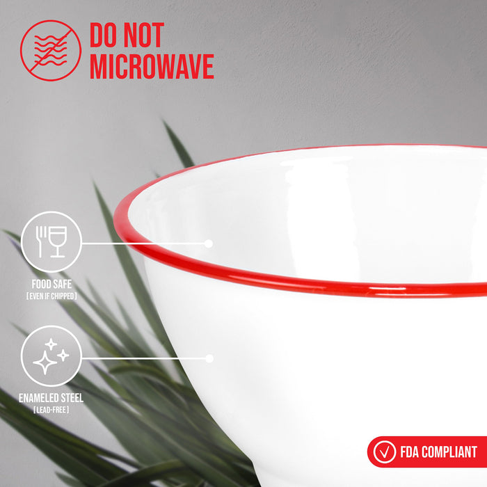 Red Co. Set of 2 Enamelware Metal Large Classic 4 quart Round Salad Serving Bowl, Solid White/Color Rim