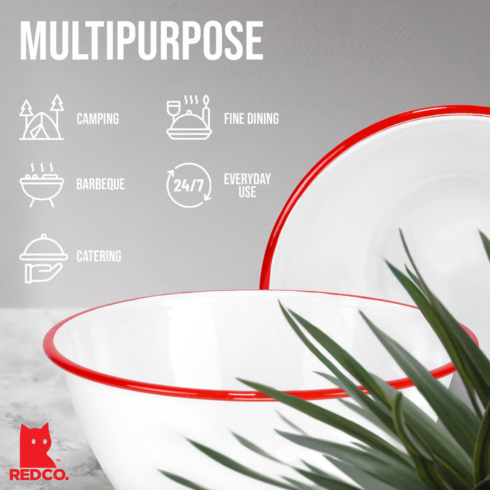Red Co. Set of 2 Enamelware Metal Large Classic 4 quart Round Salad Serving Bowl, Solid White/Color Rim