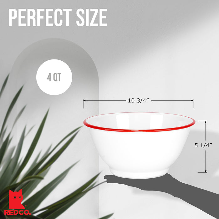 Red Co. Set of 2 Enamelware Metal Large Classic 4 quart Round Salad Serving Bowl, Solid White/Color Rim