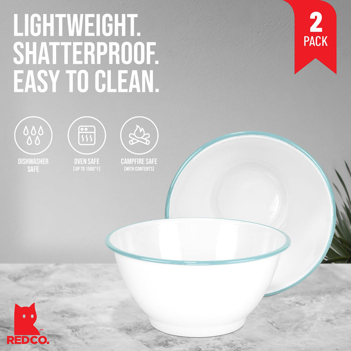Red Co. Set of 2 Enamelware Metal Large Classic 4 quart Round Salad Serving Bowl, Solid White/Color Rim