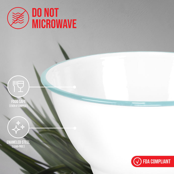 Red Co. Set of 2 Enamelware Metal Large Classic 4 quart Round Salad Serving Bowl, Solid White/Color Rim