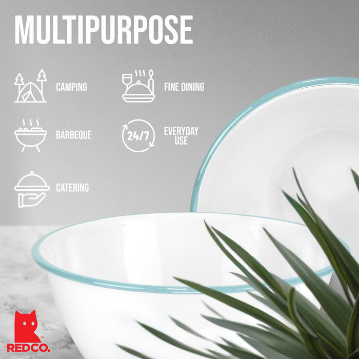 Red Co. Set of 2 Enamelware Metal Large Classic 4 quart Round Salad Serving Bowl, Solid White/Color Rim