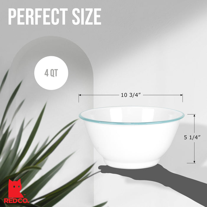 Red Co. Set of 2 Enamelware Metal Large Classic 4 quart Round Salad Serving Bowl, Solid White/Color Rim