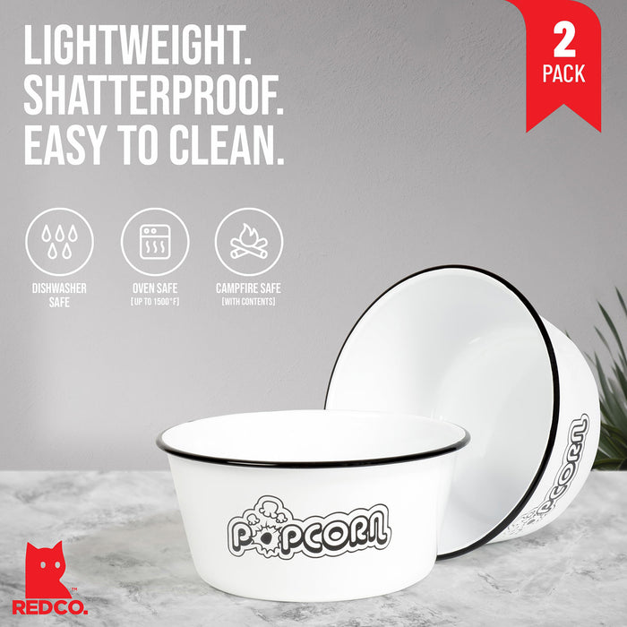 Red Co. Set of 2 Extra Large Enamelware Metal Classic 4 Quart Mixing & Serving Popcorn Bowls, White/Black Rim