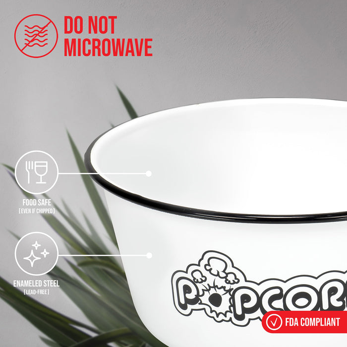Red Co. Set of 2 Extra Large Enamelware Metal Classic 4 Quart Mixing & Serving Popcorn Bowls, White/Black Rim