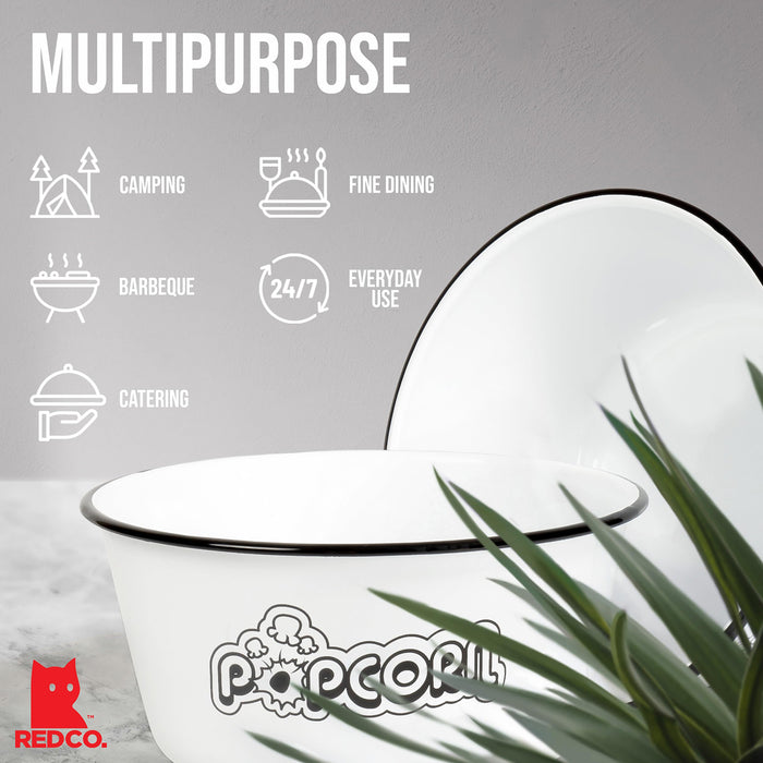 Red Co. Set of 2 Extra Large Enamelware Metal Classic 4 Quart Mixing & Serving Popcorn Bowls, White/Black Rim