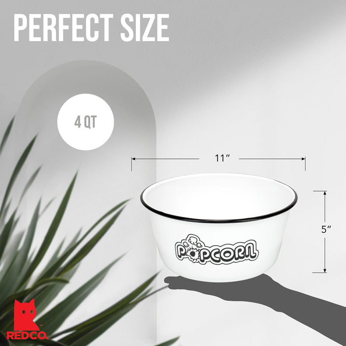 Red Co. Set of 2 Extra Large Enamelware Metal Classic 4 Quart Mixing & Serving Popcorn Bowls, White/Black Rim