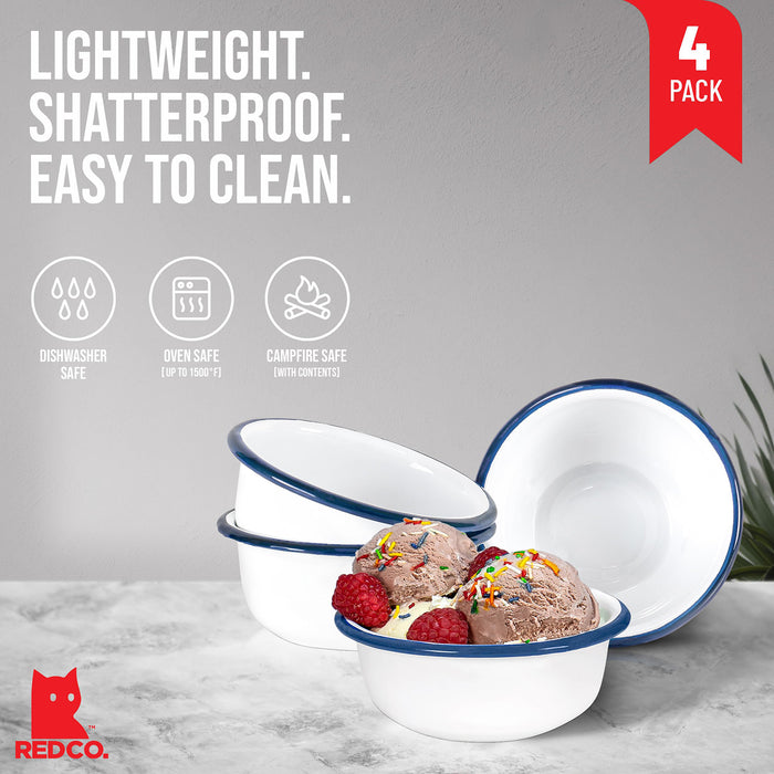 Red Co. Set of 4 Enamelware Metal 7 oz Mini Ice Cream Bowls, Solid White/Navy Blue Rim