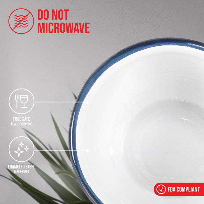 Red Co. Set of 4 Enamelware Metal 7 oz Mini Ice Cream Bowls, Solid White/Navy Blue Rim