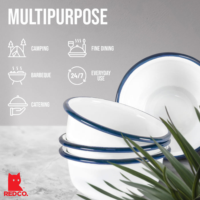 Red Co. Set of 4 Enamelware Metal 7 oz Mini Ice Cream Bowls, Solid White/Navy Blue Rim