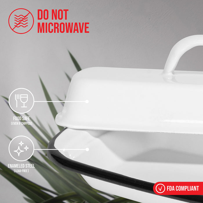 Red Co. 7.75” x 4.5” Enamelware Metal Cheese Server & Butter Dish Holder with Dome Lid, Distressed White/Black Rim