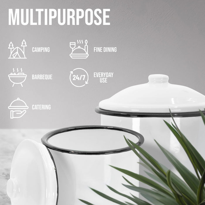 Red Co. White Enamelware Mug Pots with Black Rim & Lid - Set of 3 Nesting Cups, Perfect for Picnic, Camping, Outdoor Activity