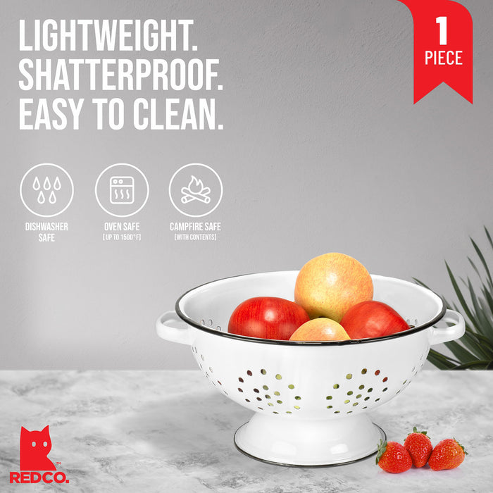 Red Co. Enamelware Metal Classic 10.5 Inch Round Food Strainer Colander with Two Handles, Distressed White/Black Rim