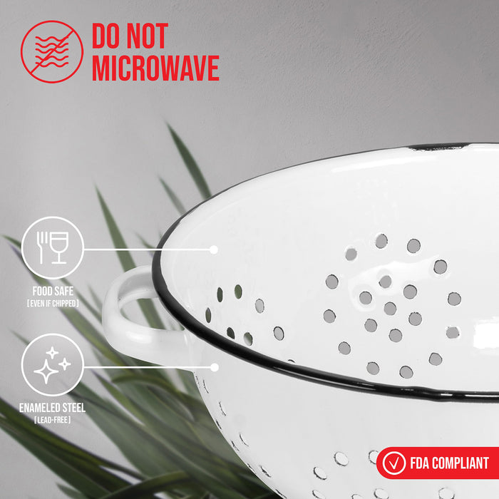 Red Co. Enamelware Metal Classic 10.5 Inch Round Food Strainer Colander with Two Handles, Distressed White/Black Rim