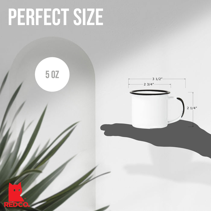 Red Co. Set of 6 Enamelware Metal Small Classic 5 Oz Round Coffee and Tea Mug with Handle, Distressed White/Black Rim