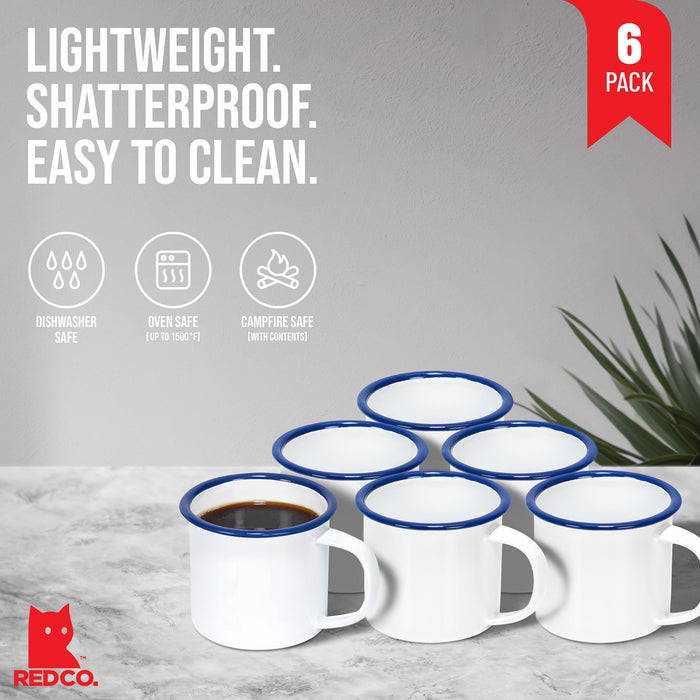 Red Co. Set of 6 Enamelware Metal Small Classic 5 Oz Round Coffee and Tea Mug, Solid White/Color Rim