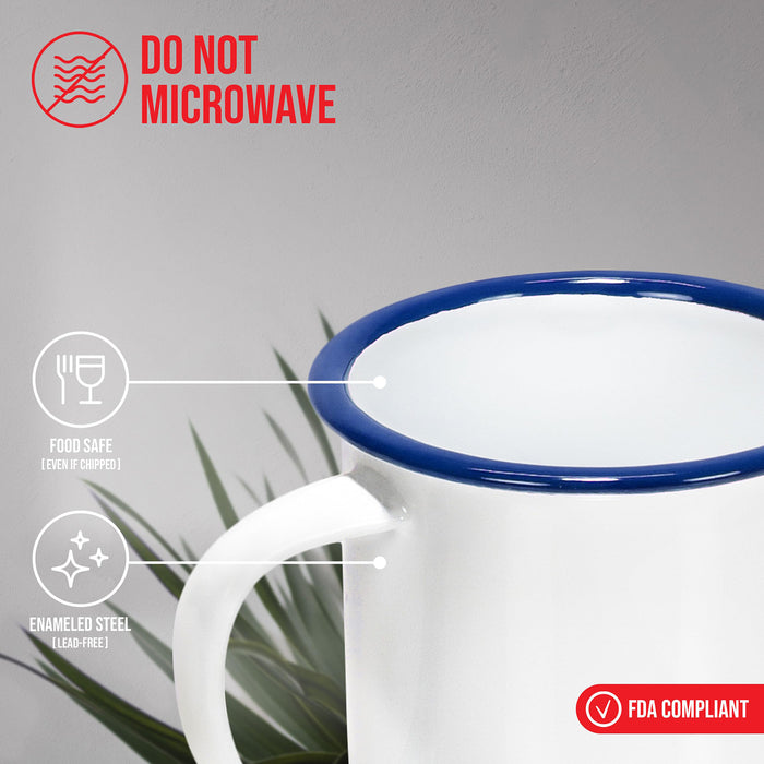 Red Co. Set of 6 Enamelware Metal Small Classic 5 Oz Round Coffee and Tea Mug, Solid White/Color Rim