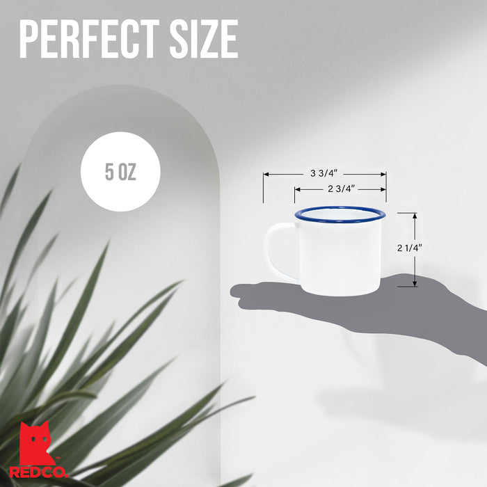 Red Co. Set of 6 Enamelware Metal Small Classic 5 Oz Round Coffee and Tea Mug, Solid White/Color Rim