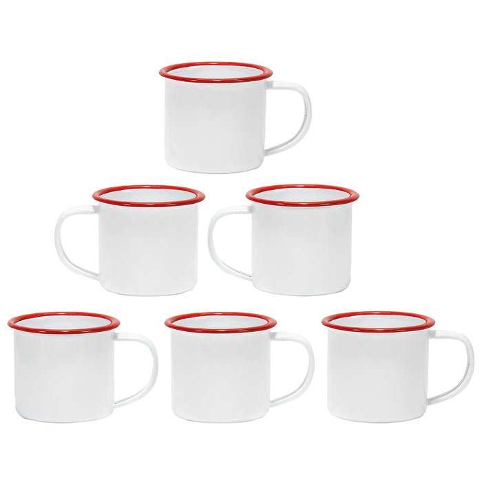 Red Co. Set of 6 Enamelware Metal Small Classic 5 Oz Round Coffee and Tea Mug, Solid White/Color Rim