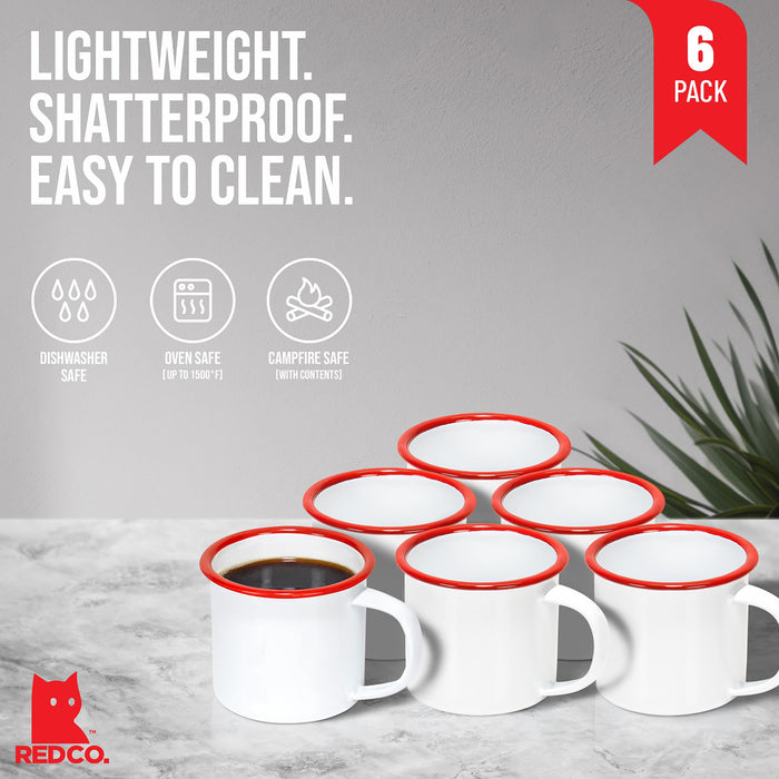Red Co. Set of 6 Enamelware Metal Small Classic 5 Oz Round Coffee and Tea Mug, Solid White/Color Rim