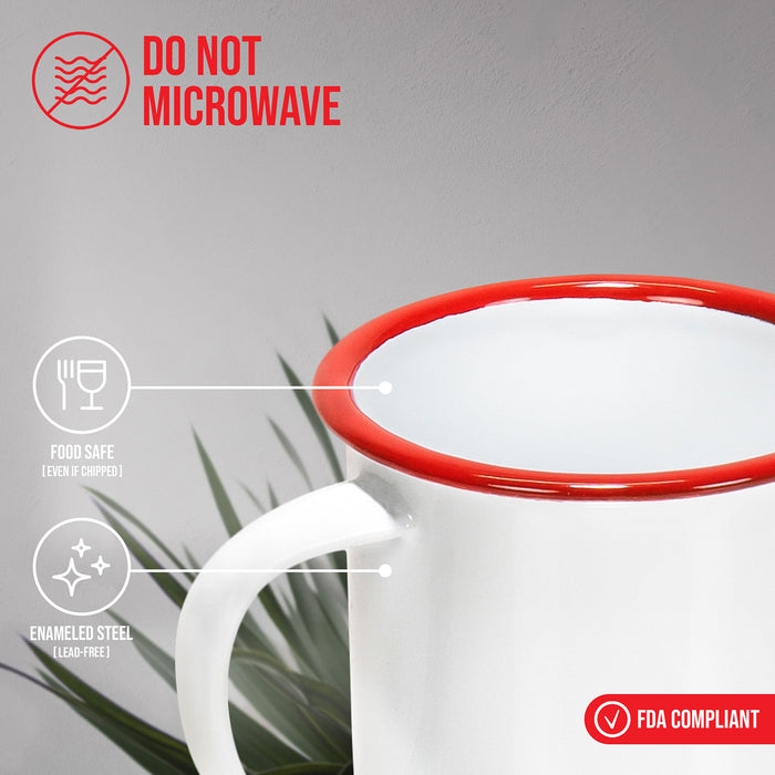 Red Co. Set of 6 Enamelware Metal Small Classic 5 Oz Round Coffee and Tea Mug, Solid White/Color Rim