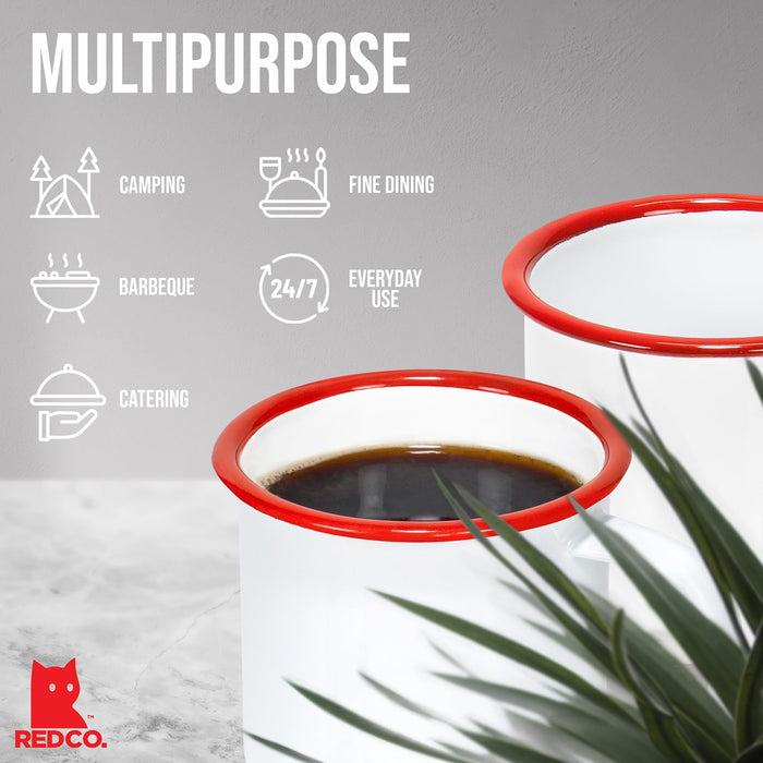Red Co. Set of 6 Enamelware Metal Small Classic 5 Oz Round Coffee and Tea Mug, Solid White/Color Rim