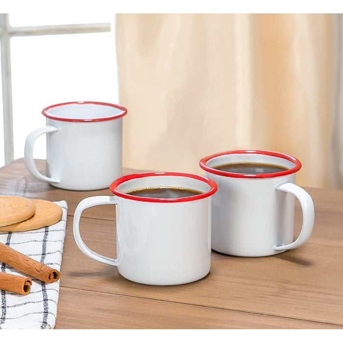 Red Co. Set of 6 Enamelware Metal Small Classic 5 Oz Round Coffee and Tea Mug, Solid White/Color Rim