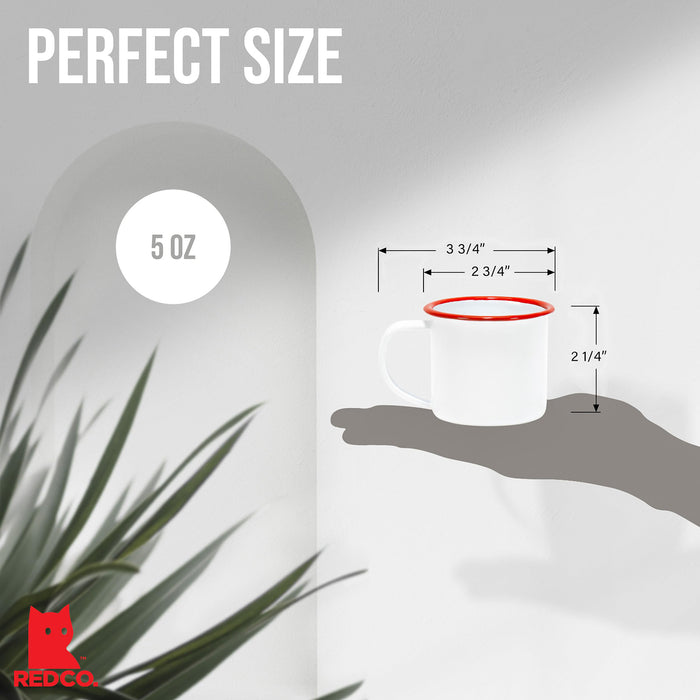 Red Co. Set of 6 Enamelware Metal Small Classic 5 Oz Round Coffee and Tea Mug, Solid White/Color Rim