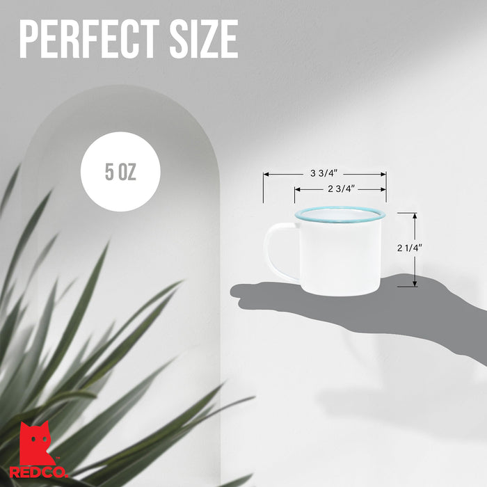 Red Co. Set of 6 Enamelware Metal Small Classic 5 Oz Round Coffee and Tea Mug, Solid White/Color Rim