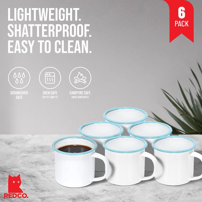 Red Co. Set of 6 Enamelware Metal Small Classic 5 Oz Round Coffee and Tea Mug, Solid White/Color Rim
