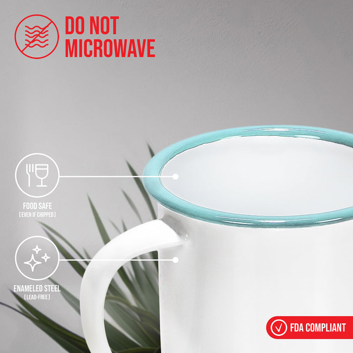 Red Co. Set of 6 Enamelware Metal Small Classic 5 Oz Round Coffee and Tea Mug, Solid White/Color Rim