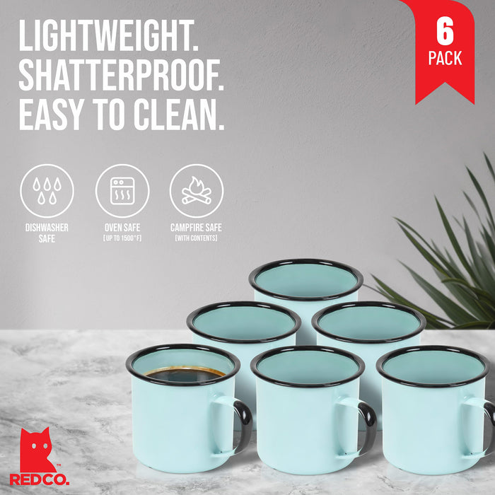 Red Co. Set of 6 Enamelware Metal Medium Classic 12 Oz Round Coffee and Tea Mug with Handle, Distressed/Black Rim