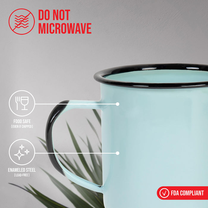 Red Co. Set of 6 Enamelware Metal Medium Classic 12 Oz Round Coffee and Tea Mug with Handle, Distressed/Black Rim