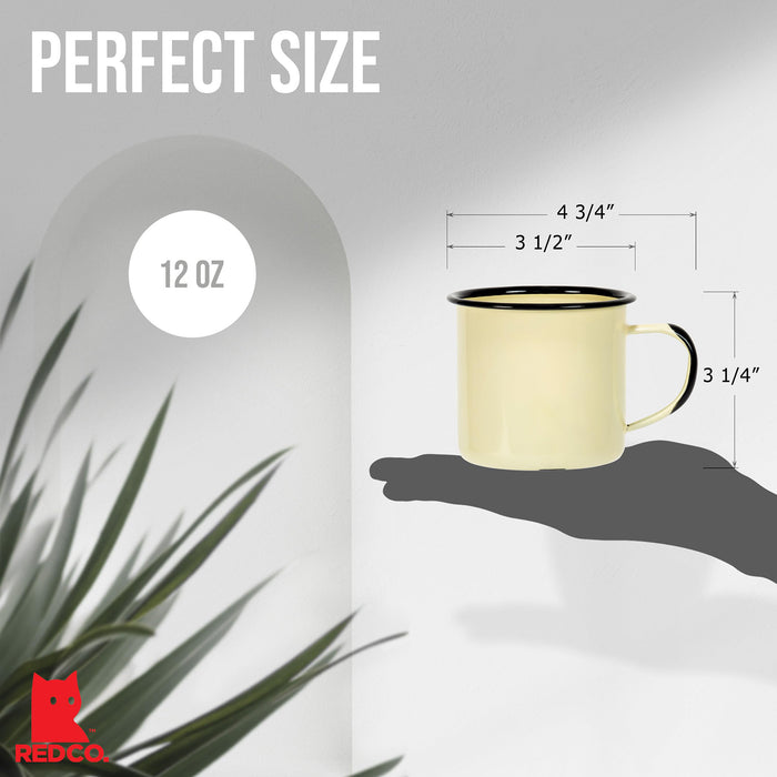 Red Co. Set of 6 Enamelware Metal Medium Classic 12 Oz Round Coffee and Tea Mug with Handle, Distressed/Black Rim