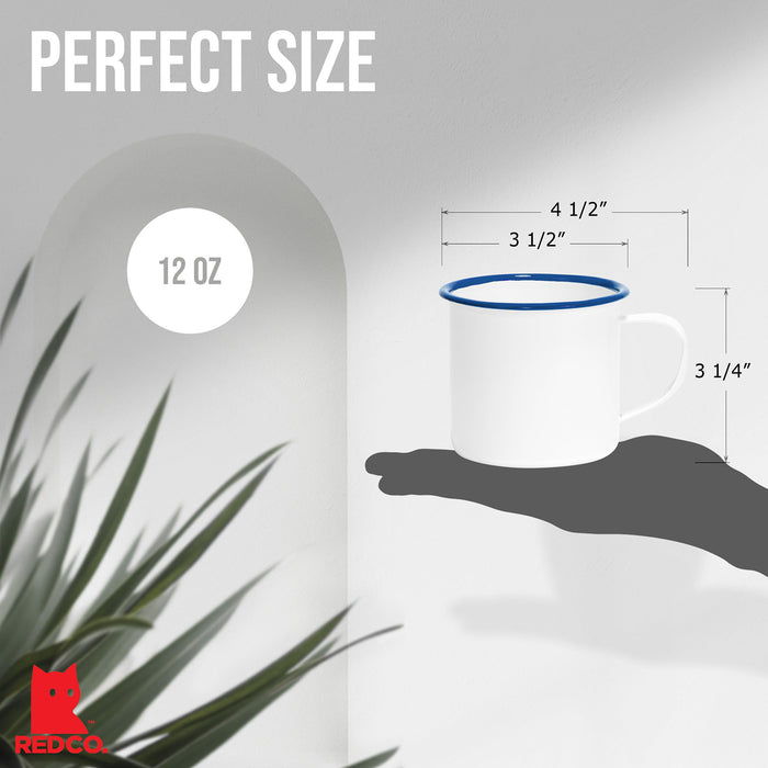 Red Co. Set of 6 Enamelware Metal Medium Classic 12 Oz Round Coffee and Tea Mug with Handle, Solid White/Color Rim