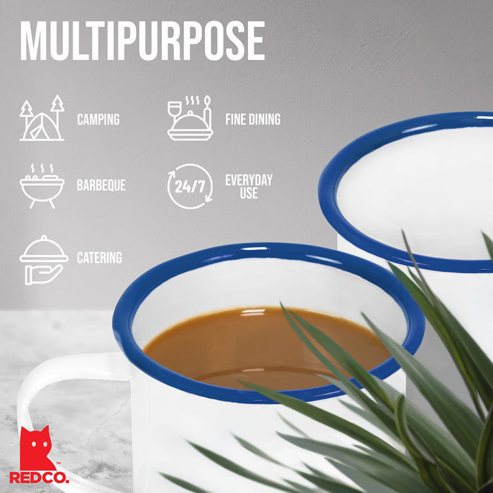 Red Co. Set of 6 Enamelware Metal Medium Classic 12 Oz Round Coffee and Tea Mug with Handle, Solid White/Color Rim