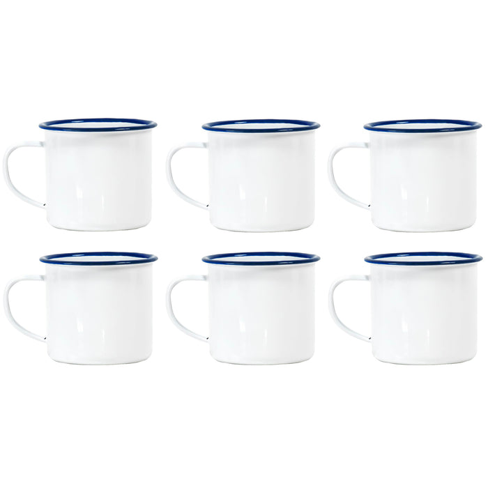 Red Co. Set of 6 Enamelware Metal Medium Classic 12 Oz Round Coffee and Tea Mug with Handle, Solid White/Color Rim