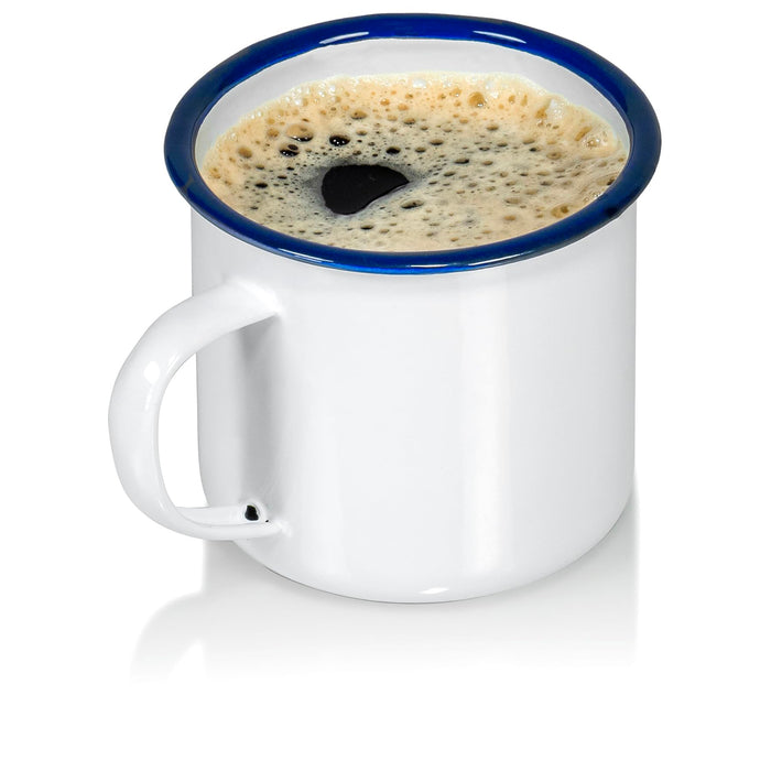 Red Co. Set of 6 Enamelware Metal Medium Classic 12 Oz Round Coffee and Tea Mug with Handle, Solid White/Color Rim