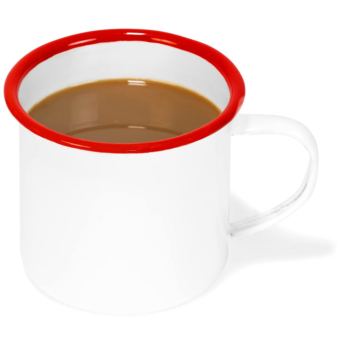 Red Co. Set of 6 Enamelware Metal Medium Classic 12 Oz Round Coffee and Tea Mug with Handle, Solid White/Color Rim