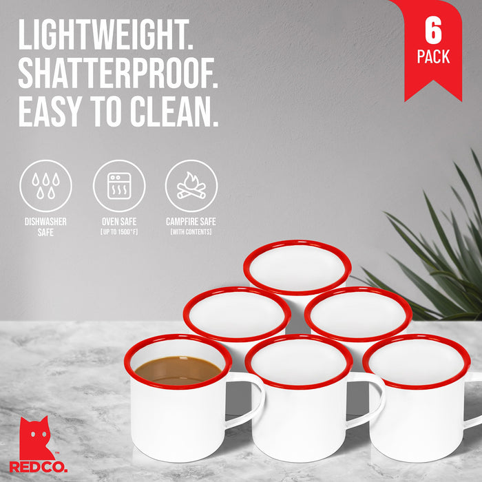 Red Co. Set of 6 Enamelware Metal Medium Classic 12 Oz Round Coffee and Tea Mug with Handle, Solid White/Color Rim