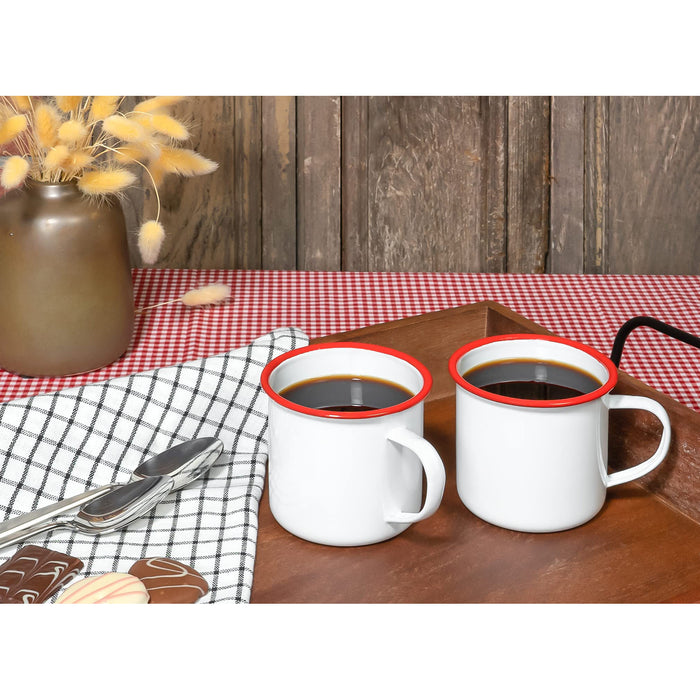 Red Co. Set of 6 Enamelware Metal Medium Classic 12 Oz Round Coffee and Tea Mug with Handle, Solid White/Color Rim